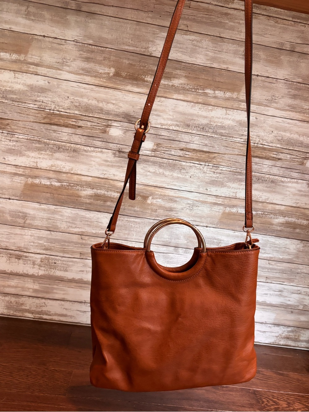 Women’s Brown Leather Tote with Gold Ring Handles